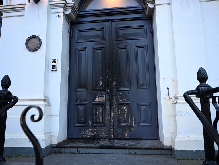 Families fled a synagogue blaze while protesters targeted a nearby Israeli restaurant.