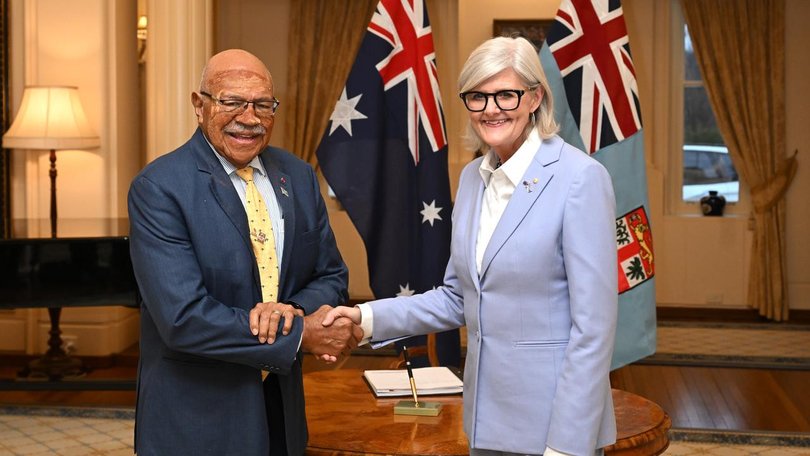 Governor-General Sam Mostyn met with Prime Minister of Fiji Sitiveni Rabuka in Canberra on Tuesday. (Lukas Coch/AAP PHOTOS)