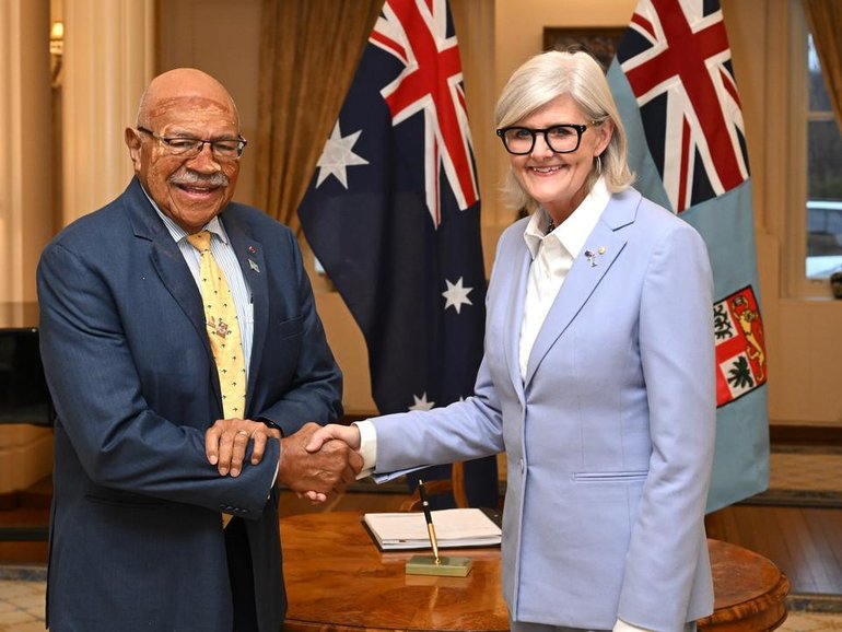Governor-General Sam Mostyn met with Prime Minister of Fiji Sitiveni Rabuka in Canberra on Tuesday. (Lukas Coch/AAP PHOTOS)