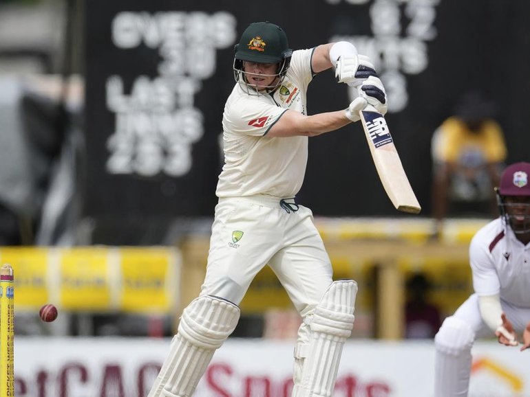 Steve Smith has scored a half century as Australia look to stretch their lead over West Indies. (AP PHOTO)