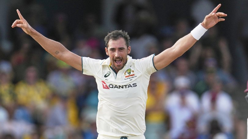 Australia's Mitchell Starc celebrates taking the wicket of West Indies' John Campbell in Barbados.