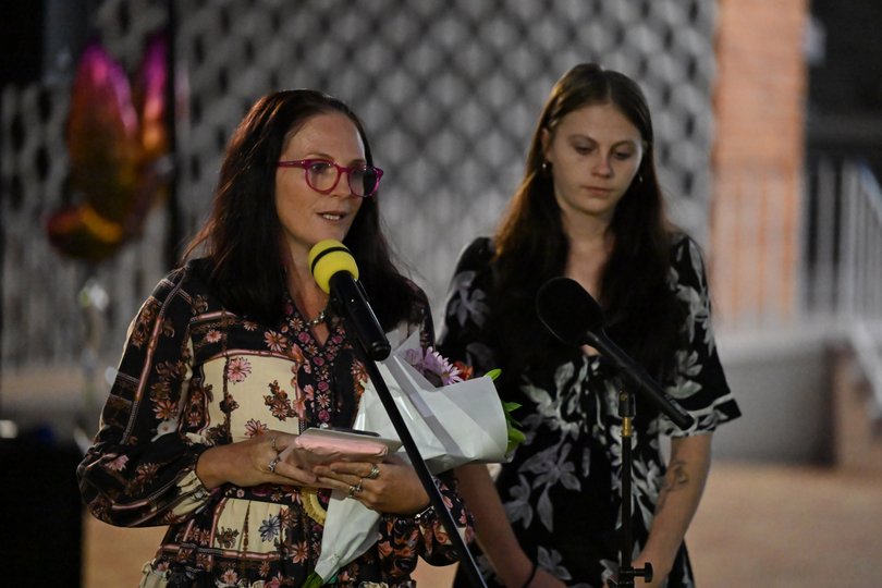 Pheobe's mother Kylie Johnson and sister Kaylea Bishop at a memorial.
