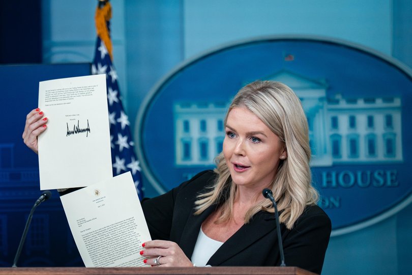 Karoline Leavitt, White House press secretary, holds a trade letter sent by the White House to South Korea during a news conference in the James S. Brady Press Briefing Room of the White House in Washington, DC, US, on Monday, July 7, 2025. President Donald Trump unveiled the first in a wave of promised letters that threaten to impose higher tariffs rates on key trading partners, including levies of 25% on goods from Japan and South Korea beginning Aug. 1. Photographer: Al Drago/Bloomberg Picture: Al Drago
