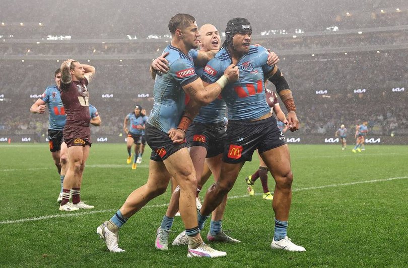 Stephen Crichton (right) celebrates with Blues team-mates. Picture: Getty