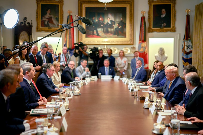 US President Donald Trump, centre right, during a cabinet meeting at the White House in Washington, DC.