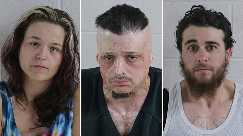Three people are facing long prison terms after a 6yo boy was restrained with handcuffs and attacked by a pitbull. Pictured: Angelina Williams, Robert Michalski Jr and Taylor Marvin-Brown.