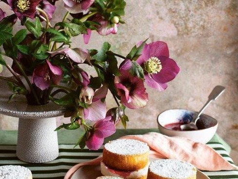Strawberry and rhubarb Victoria sponges. 