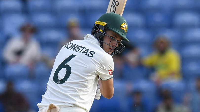 Sam Konstas of Australia is bowled by Jayden Seales of West Indies.