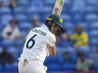 Sam Konstas of Australia is bowled by Jayden Seales of West Indies.