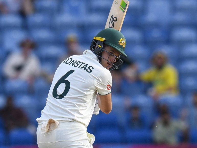 Sam Konstas of Australia is bowled by Jayden Seales of West Indies.