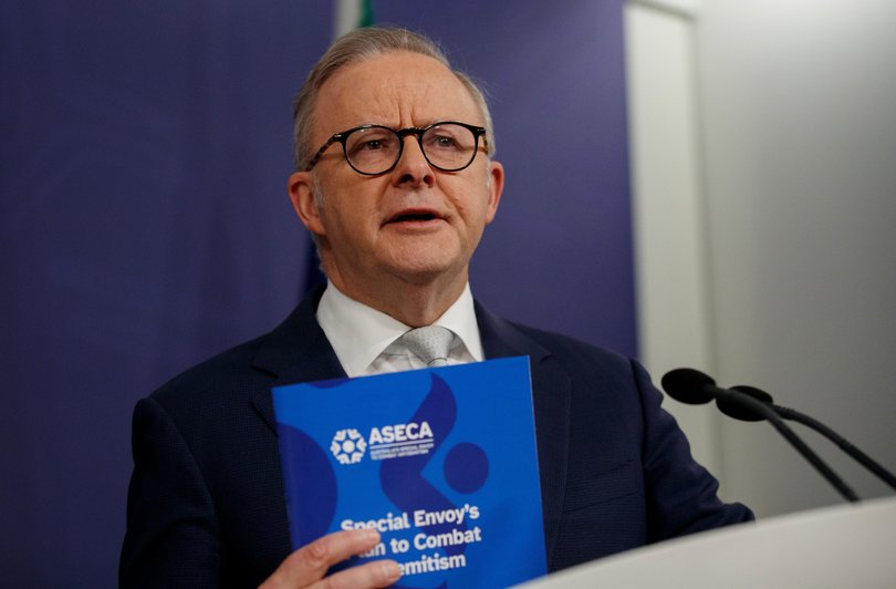 SYDNEY, AUSTRALIA - NewsWire Photos JULY 10, 2025: Prime Minister Anthony Albanese with the Minister for Home Affairs, Tony Burke, and the Special Envoy to Combat Antisemitism, Jillian Segal during a press conference on Thursday. Picture: NewsWire / Nikki Short Picture: Nikki Short NewsWire