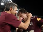 Billy Slater celebrates winning with captain Cameron Munster after game three of the State Of Origin series.