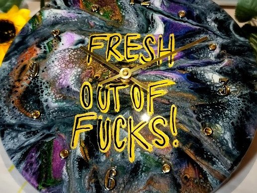 Schapelle Corby's ‘fresh out of fucks' resin clock.