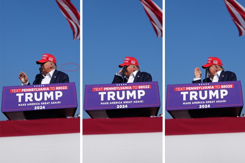 A series of three images shows the moment when President Donald Trump realized he had been injured.