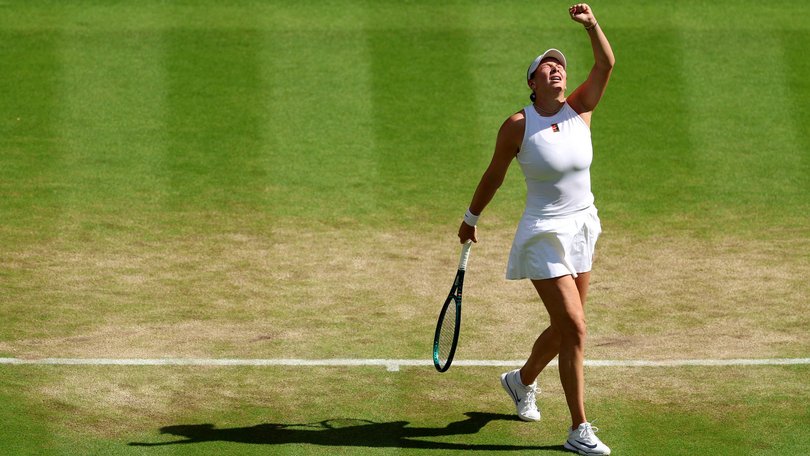 Amanda Anisimova of United States celebrates against Aryna Sabalenka.