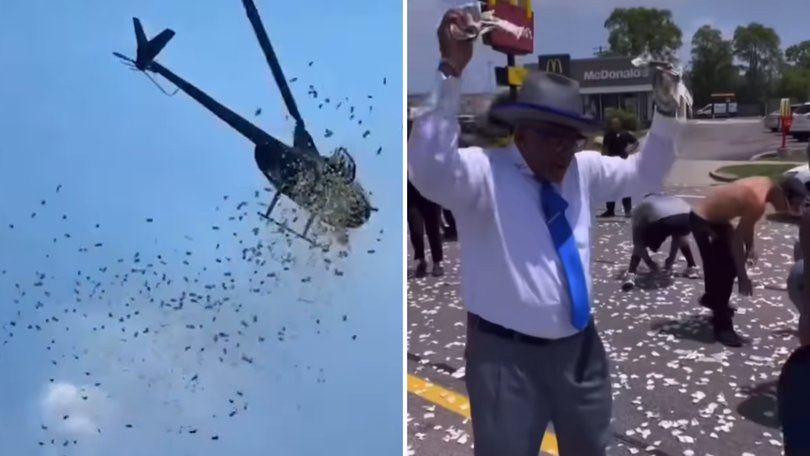 A man well known for his community focus had his own life savings thrown out of a helicopter, raining down on the attendees of his own funeral. 