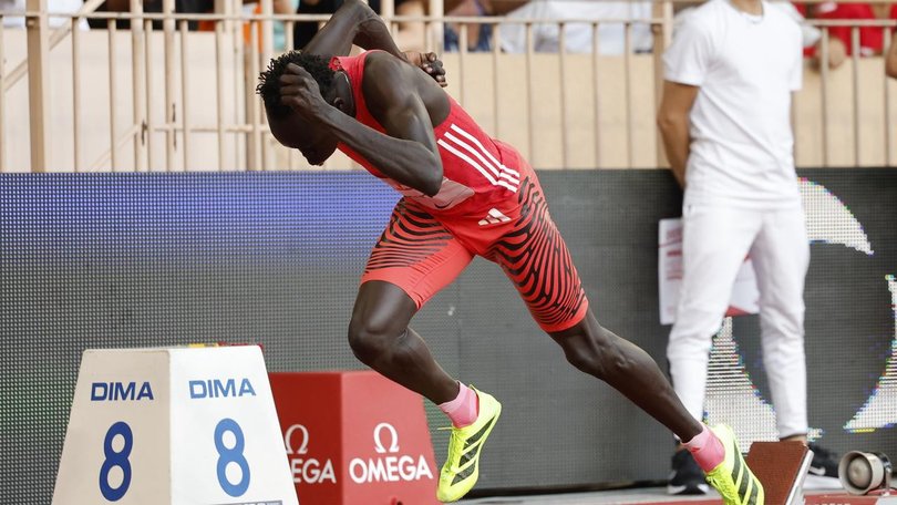Gout Gout blasts off for his victory in the U23 200m at the Diamond League meet in Monaco. (EPA PHOTO)