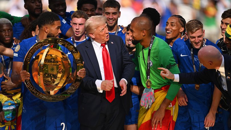 Donald Trump with with Robert Sanchez following the FIFA Club World Cup 2025 Final match between Chelsea FC and Paris Saint-Germain at MetLife Stadium.