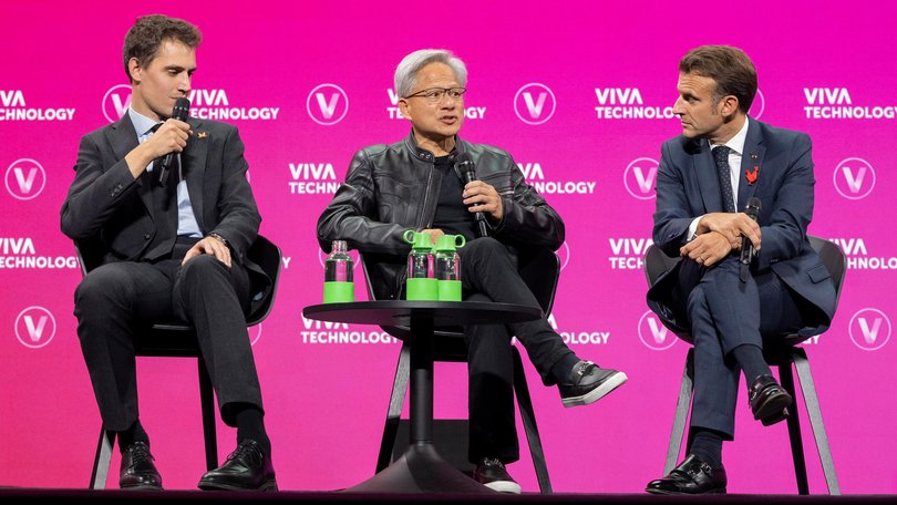 Arthur Mensch, founder of Mistral AI, left, Jensen Huang, co-founder and chief executive officer of Nvidia Corp., center, and Emmanuel Macron.