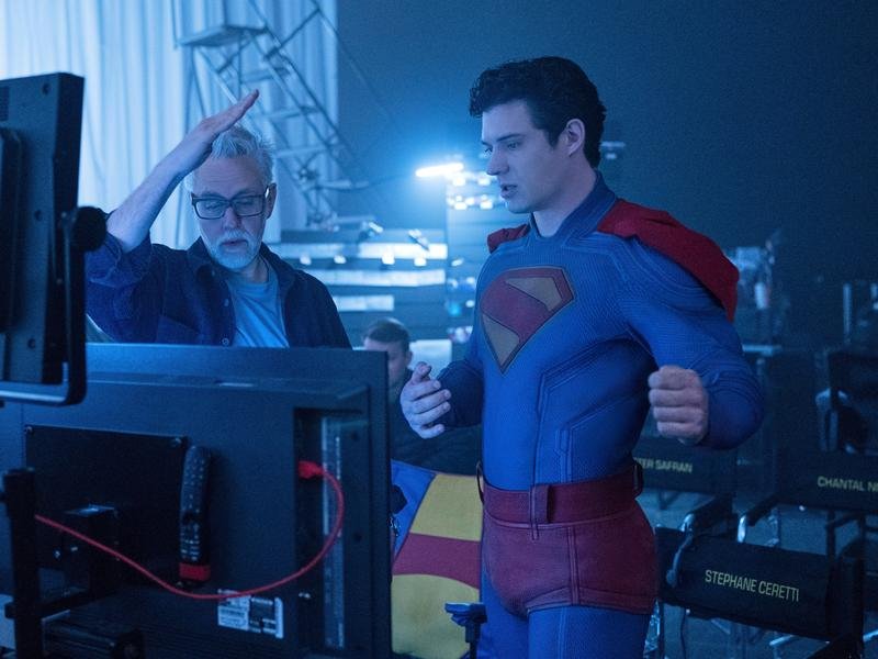 James Gunn on set with David Corenswet.