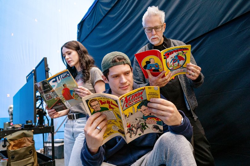 Rachel Brosnahan and David Corenswet with James Gunn.
