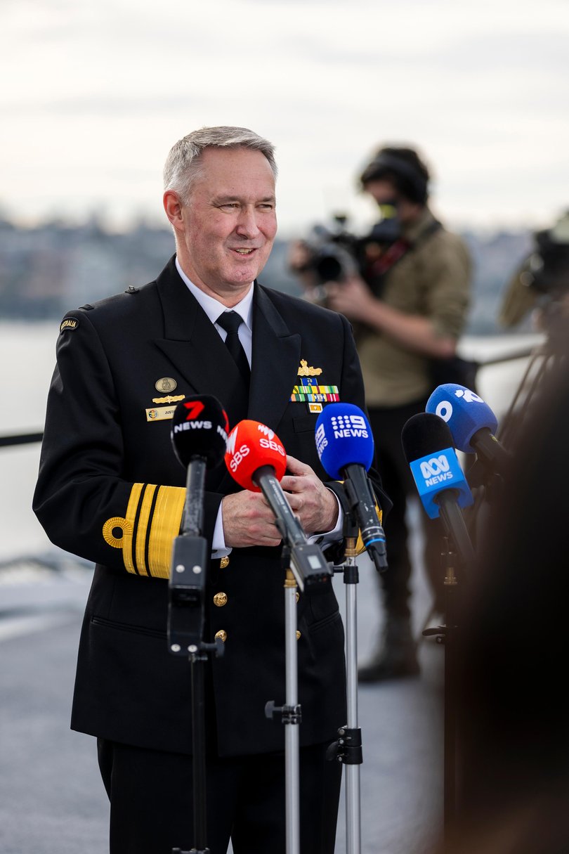 Australian Defence Force Chief of Joint Operations, Vice Admiral Justin Jones, AO, CSC, RAN, addresses media at the Exercise Talisman Sabre 2025 opening ceremony onboard the Royal Australian Navy ship HMAS Adelaide in Sydney. Picture: LSIS Danyellah Hill