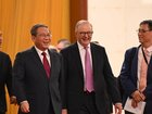Prime Minister Anthony Albanese met Premier Li Qiang at the Great Hall of the People in Beijing. (Lukas Coch/AAP PHOTOS)