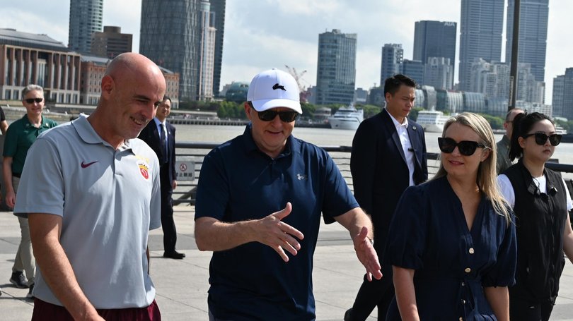 Earlier, Albanese walked the Bund waterfront in Shanghai with Haydon and Socceroos great Kevin Muscat.
