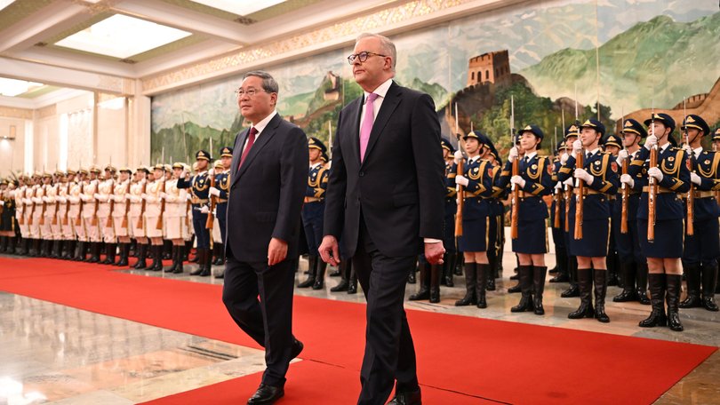 Prime Minister Anthony Albanese meets with China’s Premier Li Qiang in the Great Hall of the People in Beijing.