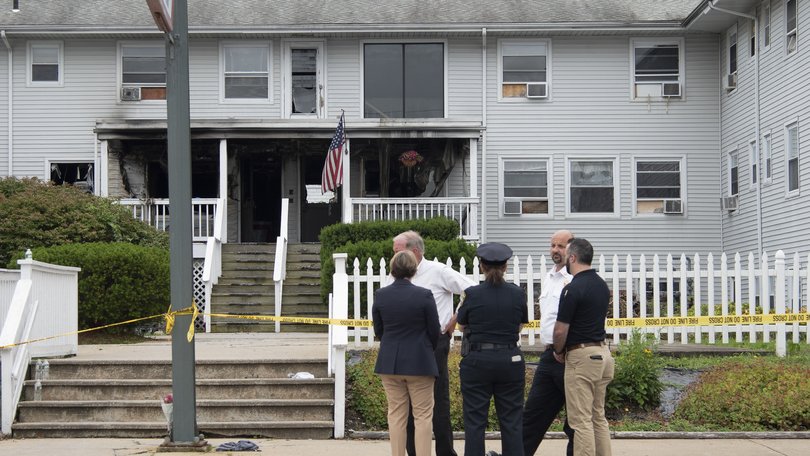 The fire-damaged Gabriel House, an assisted living facility, in Fall River, Mass., on Monday, July 14, 2025. Nine people were killed and one person was in critical condition after a large fire broke out at the assisted living facility on Sunday night, officials said. (Philip Keith/The New York Times)