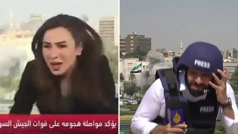 Dramatic footage has shown the moment two television reporters had to run for cover after Israel bombed Syria's military headquarters in Damascus.