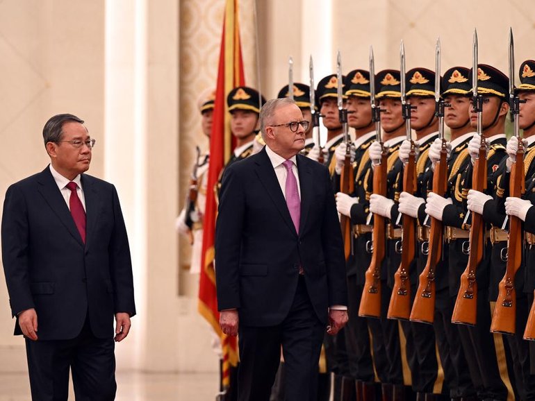 Anthony Albanese met Premier Li Qiang at the Great Hall of the People in Beijing.