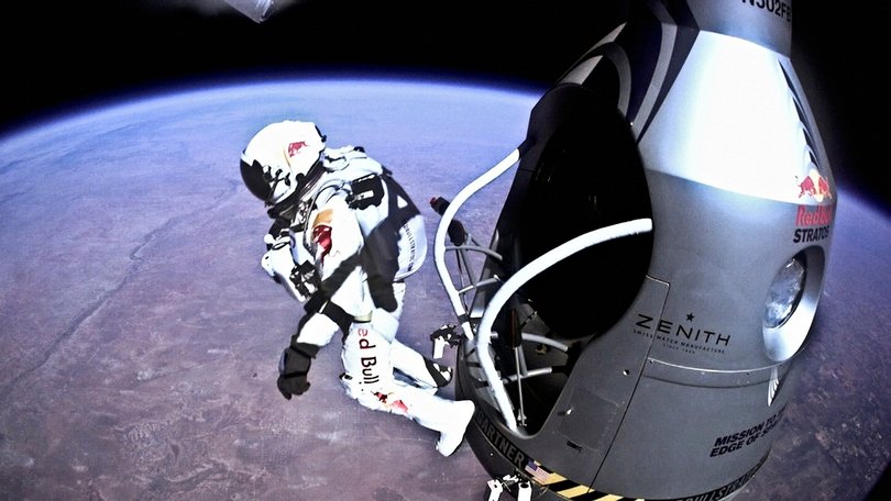Pilot Felix Baumgartner of Austria Jumps out from the capsule during the final manned flight for the Red Bull Stratos mission in Roswell, New Mexico, USA on October 14, 2012 Red Bull Stratos