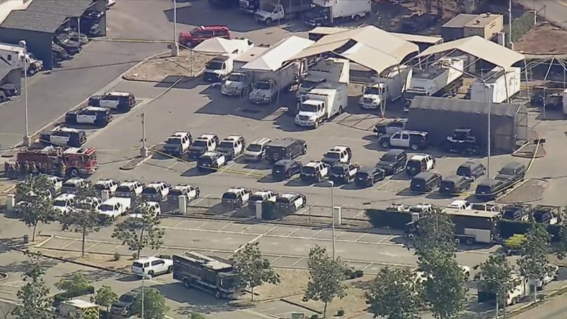Police and emergency vehicles are in place at the scene of a blast at the Biscailuz Center Training Academy in East Los Angeles.