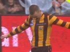 Jack Ginnivan taunts Ken Hinkley after kicking a goal. 