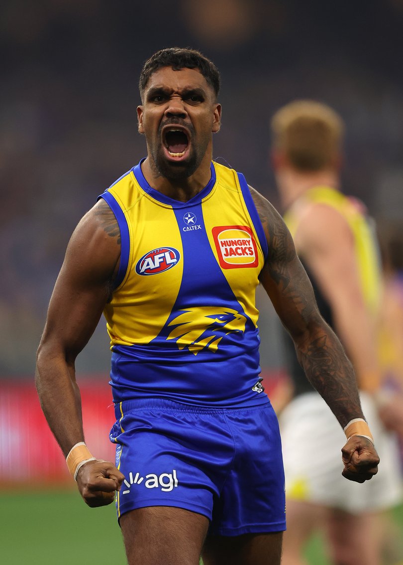 PERTH, AUSTRALIA - JULY 19: Liam Ryan of the Eagles celebrates a goal during the round 19 AFL match between West Coast Eagles and Richmond Tigers at Optus Stadium on July 19, 2025 in Perth, Australia. (Photo by Paul Kane/Getty Images via AFL Photos)