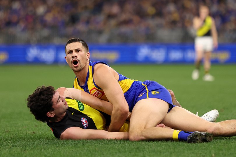 PERTH, AUSTRALIA - JULY 19: Liam Duggan of the Eagles reacts during the round 19 AFL match between West Coast Eagles and Richmond Tigers at Optus Stadium on July 19, 2025 in Perth, Australia. (Photo by Janelle St Pierre/AFL Photos)