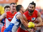 Sydney ruckman Brodie Grundy (right) had a huge impact in the Swans' win over North Melbourne.  (Dean Lewins/AAP PHOTOS)