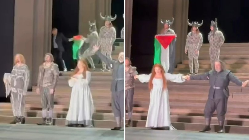 A performer holding a Palestine flag triggered a brief scuffle on stage at the Royal Opera House in London on Saturday.