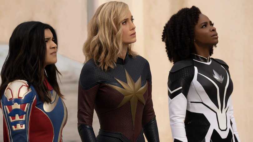 Iman Vellani, Brie Larson and Teyonah Parris in The Marvels.