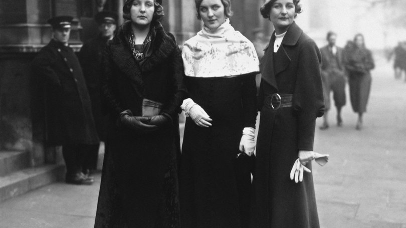 1932: Three of the Mitford sisters at Lord Stanley of Aldernay's wedding. From left to right: Unity Mitford; Diana Mitford (Mrs Bryan Guinness, later Lady Diana Mosley) and writer Nancy Mitford. (Photo by Hulton Archive/Getty Images)