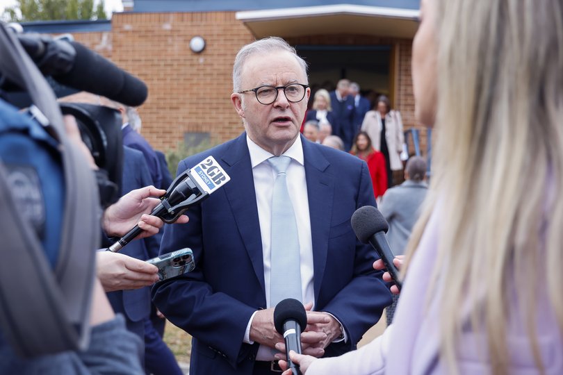 Prime Minister Anthony Albanese speaks to the media after the eucumenical service at Wesley Church.