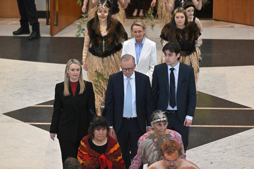 Prime Minister Anthony Albanese, partner Jodie Haydon, son Nathan and Leader of the Opposition Sussan Ley lead a procession.