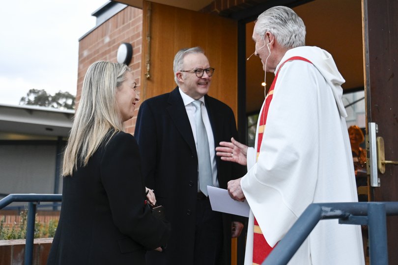 Prime Minister Anthony Albanese and fiance, Jodie Haydon attend a traditional church service at Wesley Uniting Church in Canberra. NewsWire / Martin Ollman