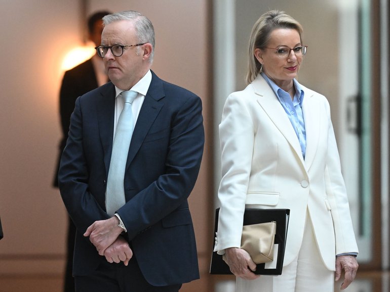 Anthony Albanese and Opposition Leader Sussan Ley attend the opening of the 48th Federal Parliament at Parliament House in Canberra, Tuesday, July 22, 2025. 