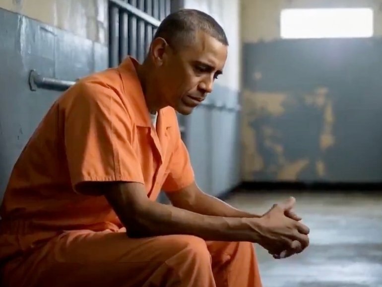 A still from an AI video depicting former US President Barack Obama in prison, which was posted by President Donald Trump on Truth Social.