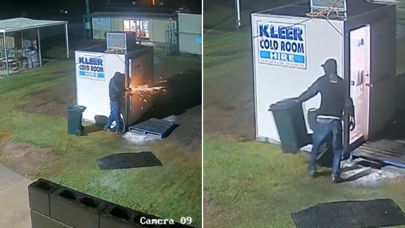 Security cameras caught a hooded man breaking into the cold room with an angle grinder in the early hours. The alleged thief used a wheelie bin to transport the stolen meat.