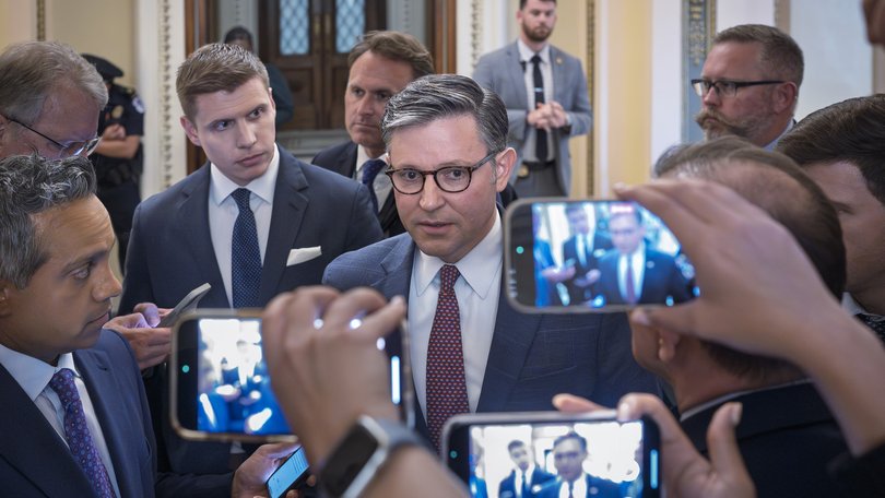 Speaker of the House Mike Johnson stops to answer reporters about calls to release documents related to Jeffrey Epstein.