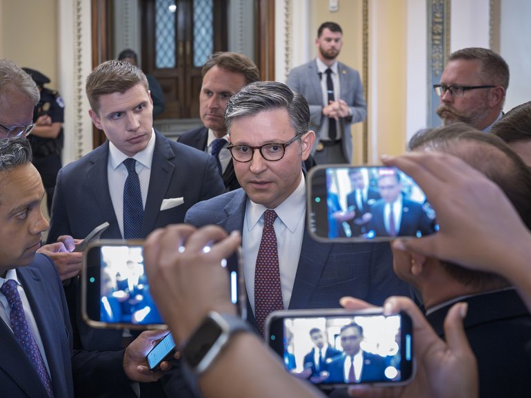 Speaker of the House Mike Johnson stops to answer reporters about calls to release documents related to Jeffrey Epstein.