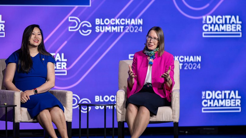 Hester Peirce, commissioner of the US Securities and Exchange Commission, right, and Caroline Pham, commissioner of the Commodity Futures Trading Commission (CFTC), during the DC Blockchain Summit in Washington, DC, US.
